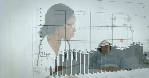 Dr in ward checking chart while monitoring health data, animated charts over bed Stock Footage 330356419