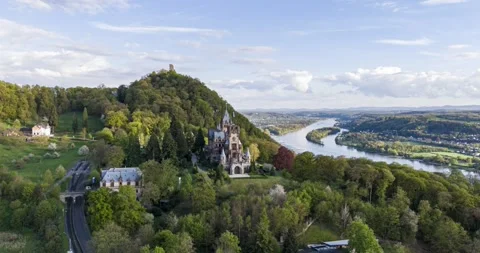 Drachenburg Castle Aerial Hyperlapse Pull Back Shot Over Rhine Valle Stock Footage 341327216