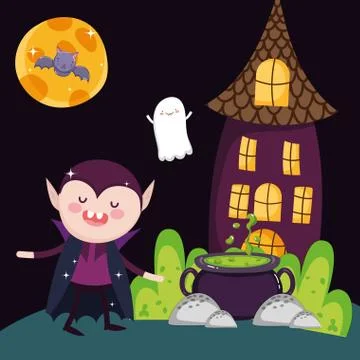 Dracula cauldron house and ghost halloween Stock Illustration