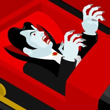 Dracula in coffin. Vampire Count in an open coffin. Ghoul in casket. Retro mo Stock Illustration