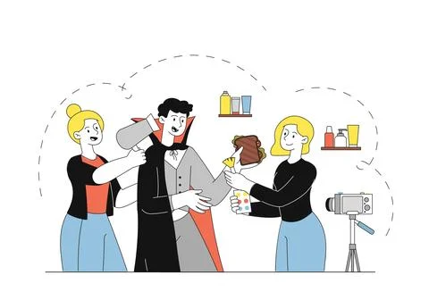 Dracula makeup concept. Make up artists and costume designers dress man in Stock Illustration