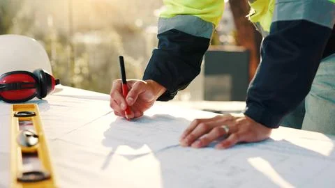 Draft, architecture and hands with blueprint with documents for building, t.. Stock Photos