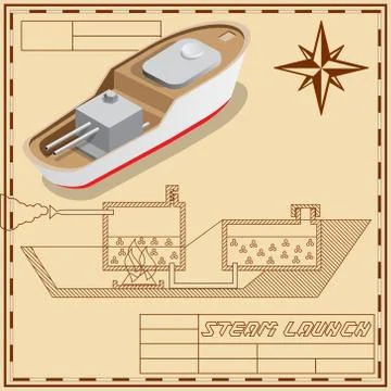 Draft boat on the steam engine. Stock Illustration