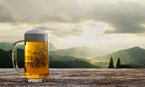 Draft or craft beer in clear glass with beer foam on top Put on set of wooden Stock Illustration