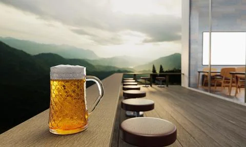 Draft or craft beer in clear glass with beer foam on top Put on set of wooden Stock Illustration