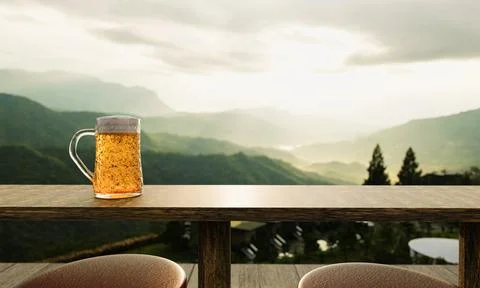 Draft or craft beer in clear glass with beer foam on top Put on set of wooden Stock Illustration