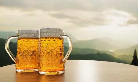 Draft or craft beer in clear glass with beer foam on top Put on set of wooden Stock Illustration