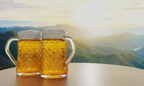 Draft or craft beer in clear glass with beer foam on top Put on set of wood.. Stock Photos