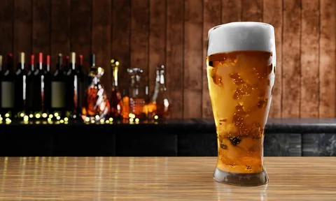 Draft or craft beer in tall clear glass. With cold steam, White beer foam pla Stock Illustration