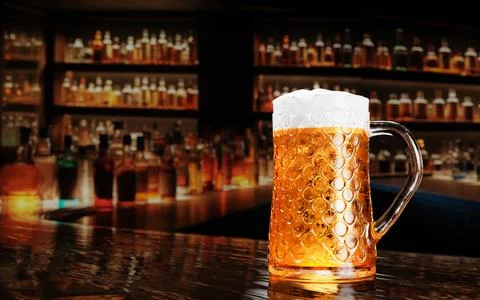 Draft or craft beer in a tall clear glass. With cold steam, White beer foam.. Stock Illustration