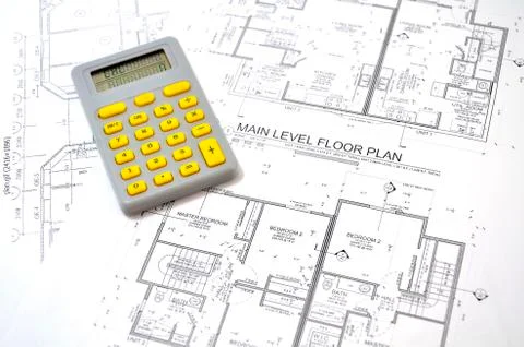 Draft plan of building a house and calculator Foto stock
