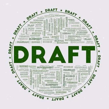 Draft - round badge. Text draft with keywords word clouds and circular text.. Illustrazione stock