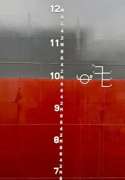 Draft Scale Markings on New Commercial Ship Hull at Midship Section Stock Photos