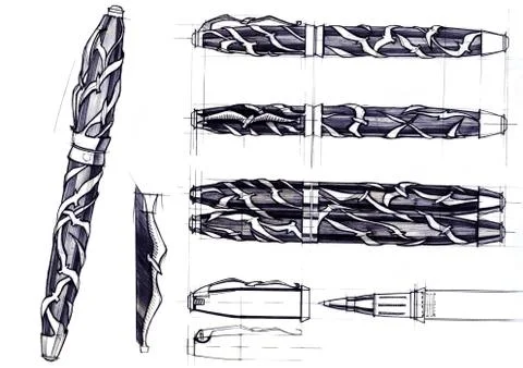 Draft sketch development of the design of an exclusive pen and ballpoint pen. Stock Illustration
