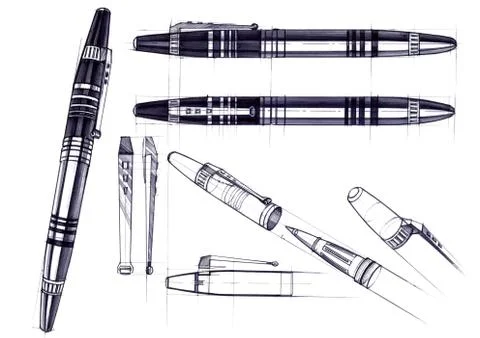 Draft sketch development of the design of an exclusive pen and ballpoint pen. Stock Illustration