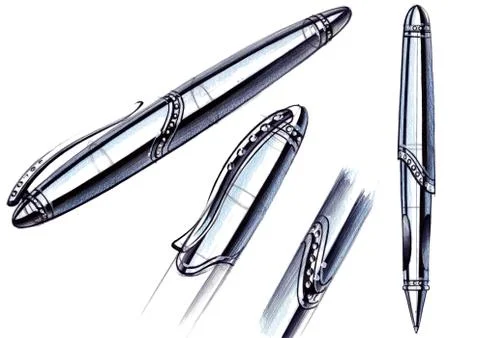 Draft sketch development of the design of an exclusive pen and ballpoint pen. Stock Illustration