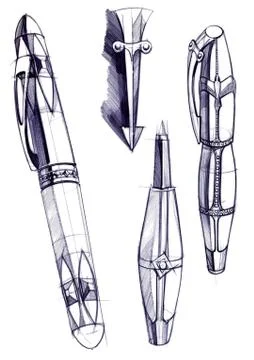 Draft sketch development of the design of an exclusive pen and ballpoint pen. Stock Illustration