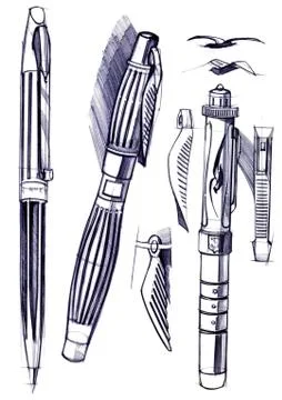 Draft sketch development of the design of an exclusive pen and ballpoint pen. Stock Illustration
