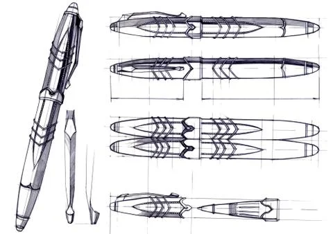 Draft sketch development of the design of an exclusive pen and ballpoint pen. Stock Illustration