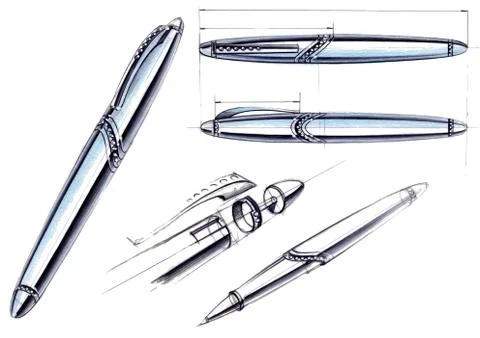 Draft sketch development of the design of an exclusive pen and ballpoint pen. Stock Illustration