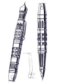 Draft sketch development of the design of an exclusive pen and ballpoint pen. Stock Illustration