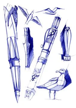 Draft sketch development of the design of an exclusive pen and ballpoint pen. Stock Illustration