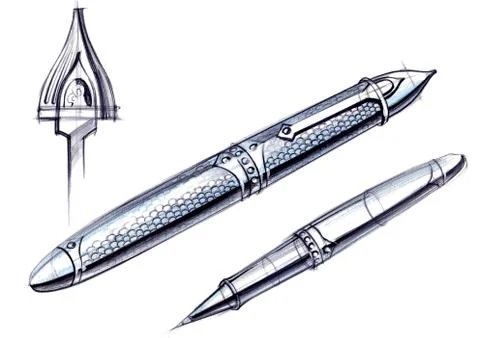 Draft sketch development of the design of an exclusive pen and ballpoint pen. Stock Illustration