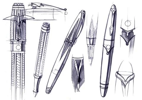 Draft sketch development of the design of an exclusive pen and ballpoint pen. Stock Illustration