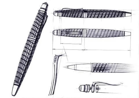 Draft sketch development of the design of an exclusive pen and ballpoint pen. Stock Illustration