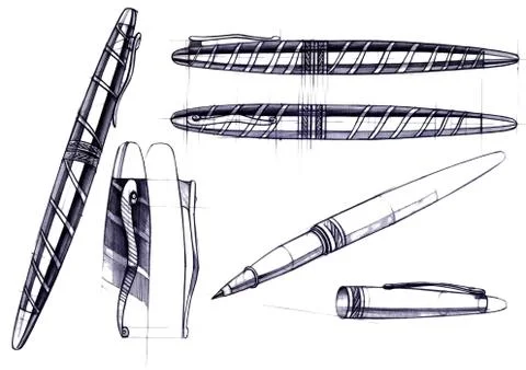 Draft sketch development of the design of an exclusive pen and ballpoint pen. Stock Illustration