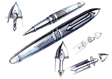 Draft sketch development of the design of an exclusive pen and ballpoint pen. Stock Illustration