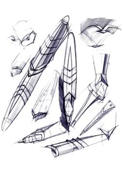 Draft sketch development of the design of an exclusive pen and ballpoint pen. Stock Illustration