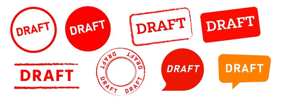 Draft stamp red rubber circle and square speech bubble sign unfinished progre Stock Illustration