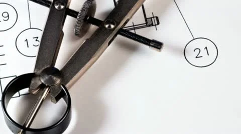 Drafting compass against a blueprint of a mechanical system Stock Footage 21306180