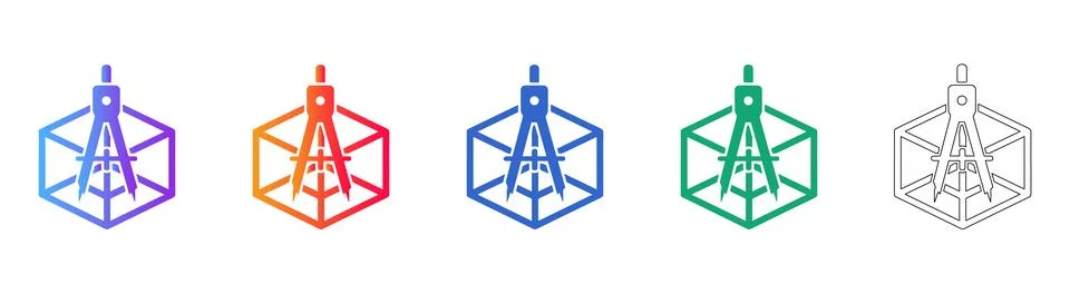 Drafting Compass and Cube Icon Set Stock Illustration