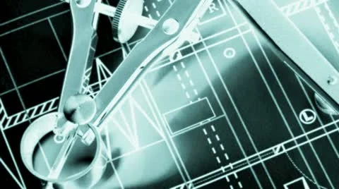 Drafting compass and dividers against a blueprint Stock Footage 21307046