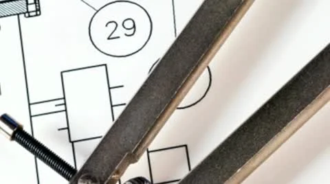 Drafting compass and ruler against a blueprint Видео 21305932