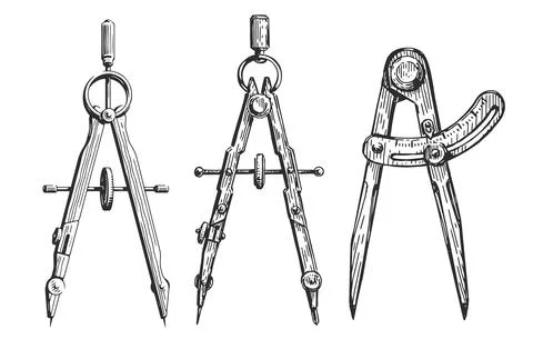 Drafting compass set. Hand drawn vintage divider isolated. Sketch vector Stock Illustration