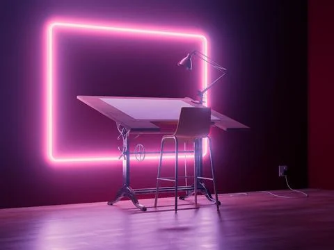 Drafting Desk Workstation Pink Neon Frame Stock Illustration