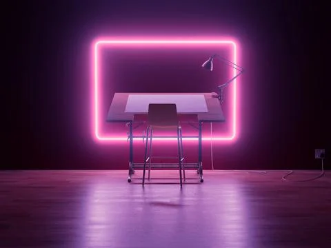 Drafting Desk Workstation Pink Neon Frame Stock Illustration