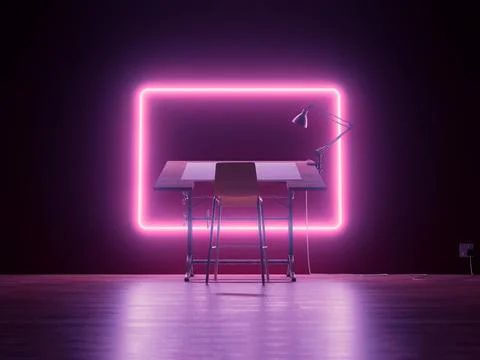Drafting Desk Workstation Pink Neon Frame Stock Illustration