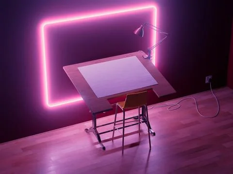 Drafting Desk Workstation Pink Neon Frame Stock Illustration