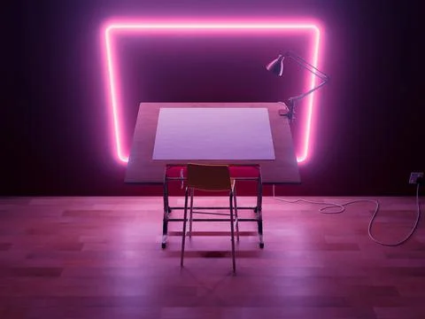 Drafting Desk Workstation Pink Neon Frame Stock Illustration