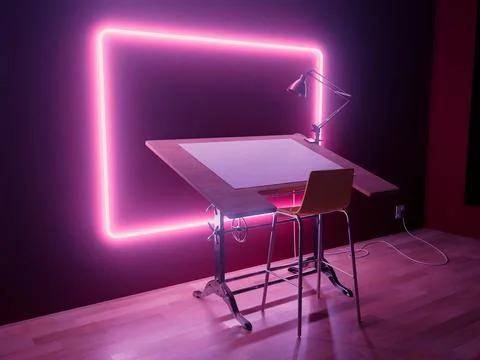 Drafting Desk Workstation Pink Neon Frame Stock Illustration
