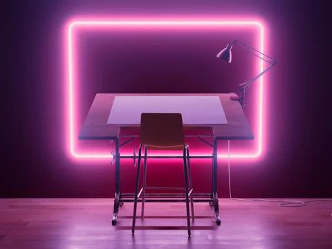 Drafting Desk Workstation Pink Neon Frame Stock Illustration