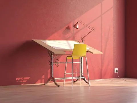 Drafting Desk Workstation In Pink Room Stock Illustration