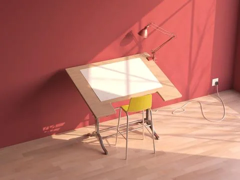 Drafting Desk Workstation In Pink Room Stock Illustration