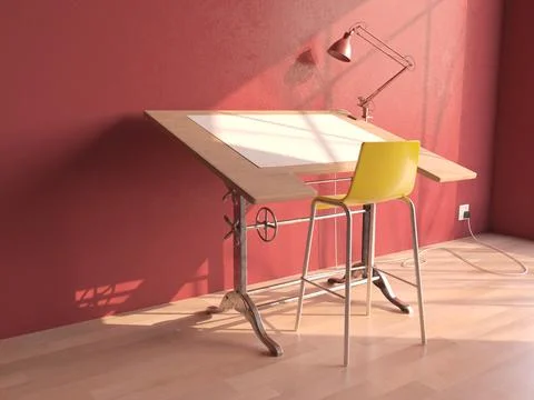 Drafting Desk Workstation In Pink Room Stock Illustration