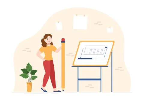 Drafting, Engineer or Architect Working on Drawing Board Projecting and Draft Illustrazione stock