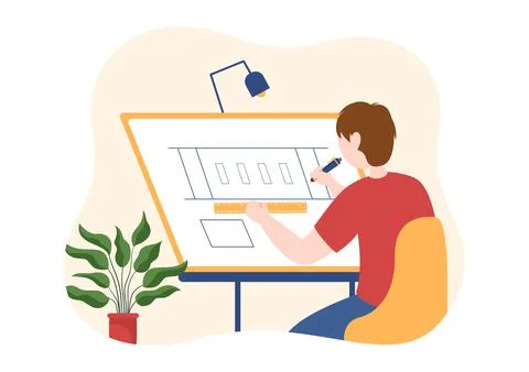 Drafting, Engineer or Architect Working on Drawing Board Projecting and Draft Illustrazione stock